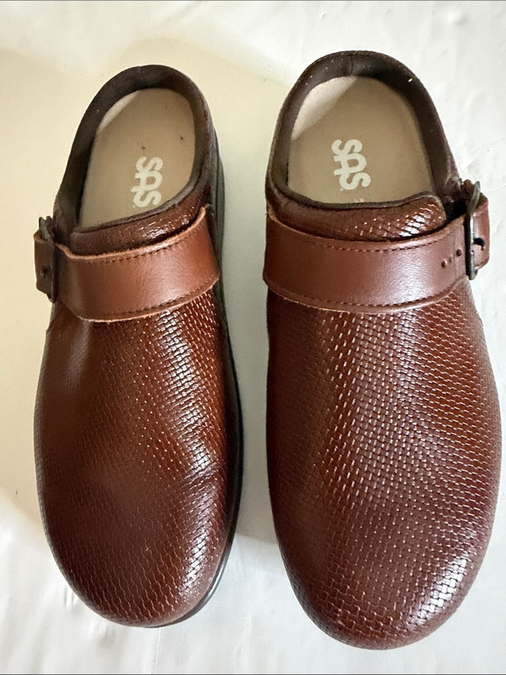 SAS Cognac Brown Leather Slip-On Clogs with Buckle